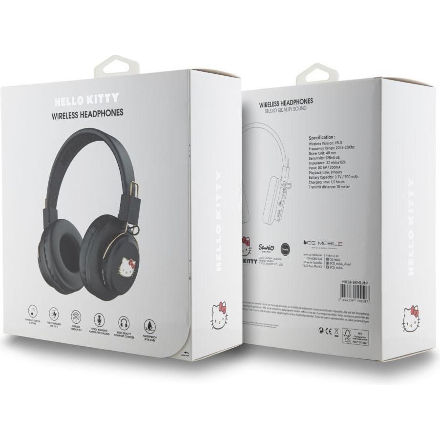 Hello Kitty Bluetooth Headphones with Metal Logo Round Shape – Black | سماعة بلوتوث Hello Kitty بتصميم دائري وشعار معدني - اسود