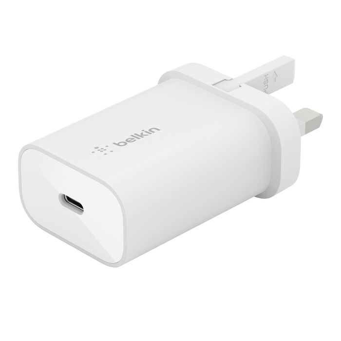 بلكن شاحن حائط تايب سي 25 واط مع كيبل تايب سي الى لايتننغ - Belkin BoostCharge USB-C Wall Charger 25W USB-C PD Certified with PPS & 1M USB-C to Lightning Cable