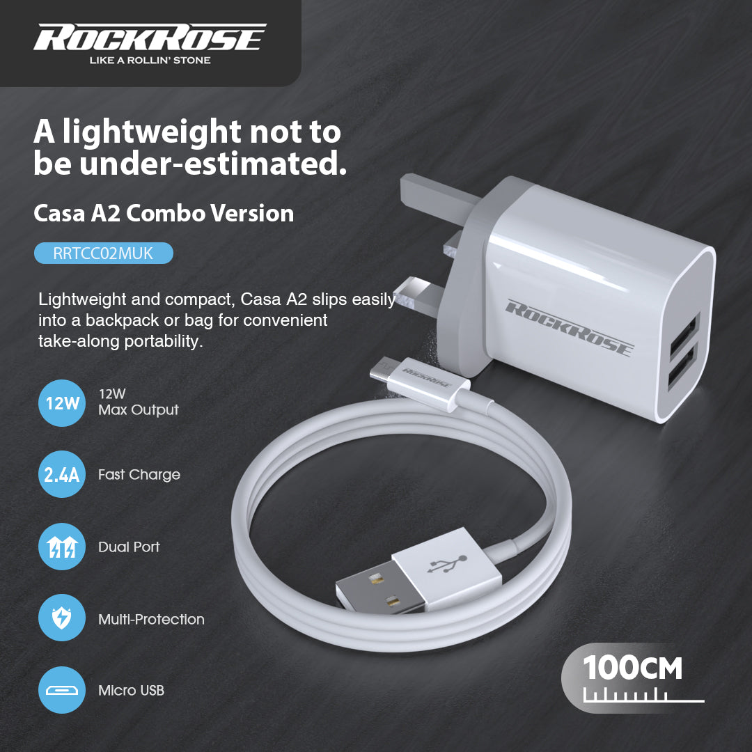 RockRose RRTCC02MUK Casa A2 Combo Dual Port 12W Max Power Adapter With UK Plug and Cable Charge & Sync Cable - روك روز كاسا اي 2 كومبو محول طاقة ثنائي المنافذ 12 واط ماكس كابل شحن ومزامنة