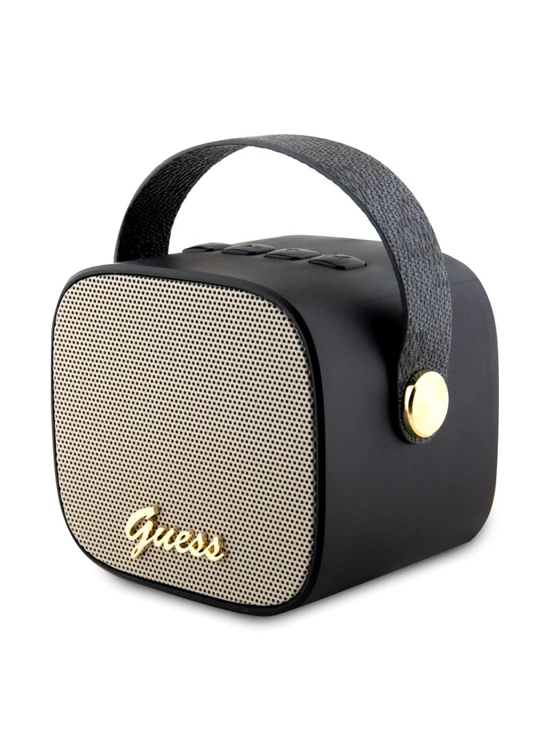 Guess Wireless Speaker with Handle 5W PU 4G Leather Script Logo | سماعة بلوتوث GUESS محمولة بقوة 5 واط, تصميم جلد 4 جي مع حامل يد