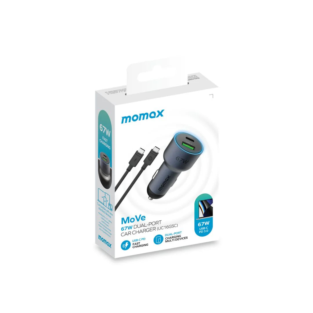 Momax MoVe 67W Dual-Port Car Charger with USB-C to USB-C Cable - شاحن سيارة موماكس موف بقوة 67 واط بمنفذين وكيبل USB-C إلى USB-C
