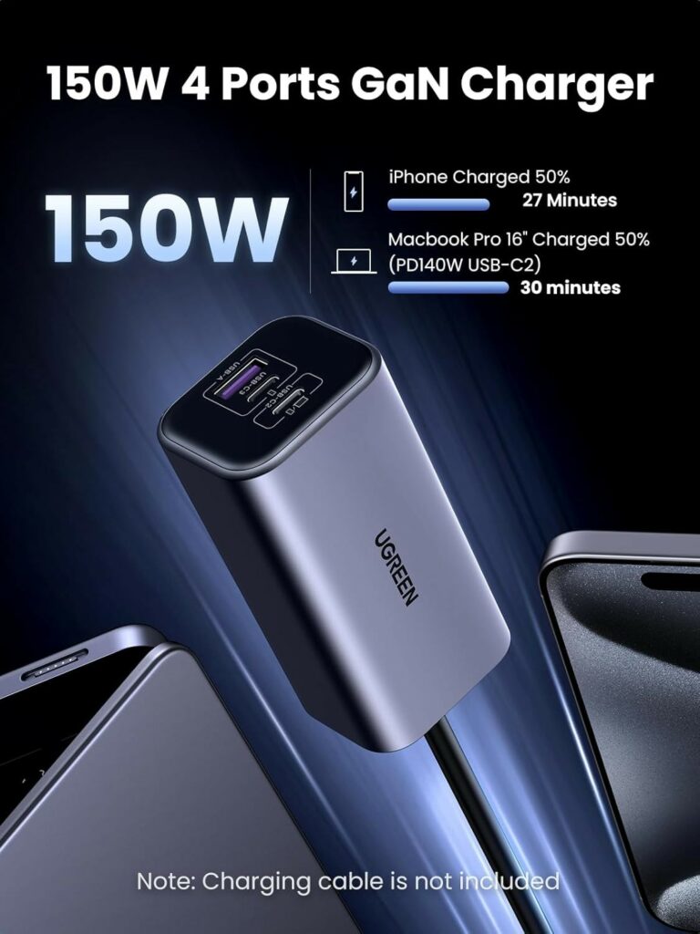 UGREEN 150W USB-C Car Charger with Extended USB-A+2×USB-C Charging Hub - شاحن سيارة يوجرين 150 واط مع هاب شحن ممتد 3 منافذ