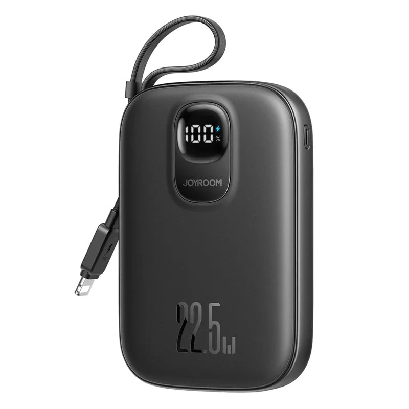 باور بانك جويرووم بسعة 10,000 مللي امبير وبقدرة شحن 22.5 واط مع كيبل لايتننغ مدمج - اسود | JOYROOM JR-PBF18 22.5W Fast Charging Power Bank With Lightning Cable 10000mAh – Black