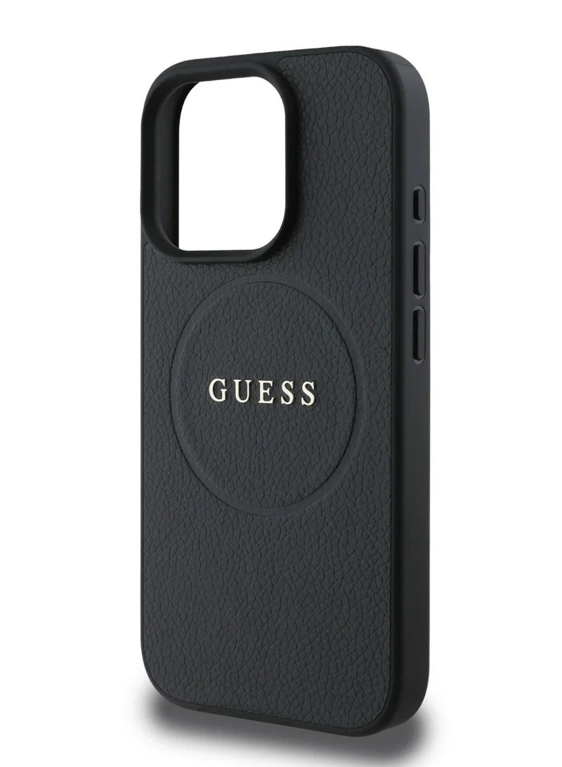 Guess MagSafe PU Grained Hard Case with Gold Ring for iPhone 16 Pro | كفر GUESS صلب بتصميم جلد محبب وحلقة ذهبية ومتوافق مع ماج سيف لهاتف ايفون 16 برو