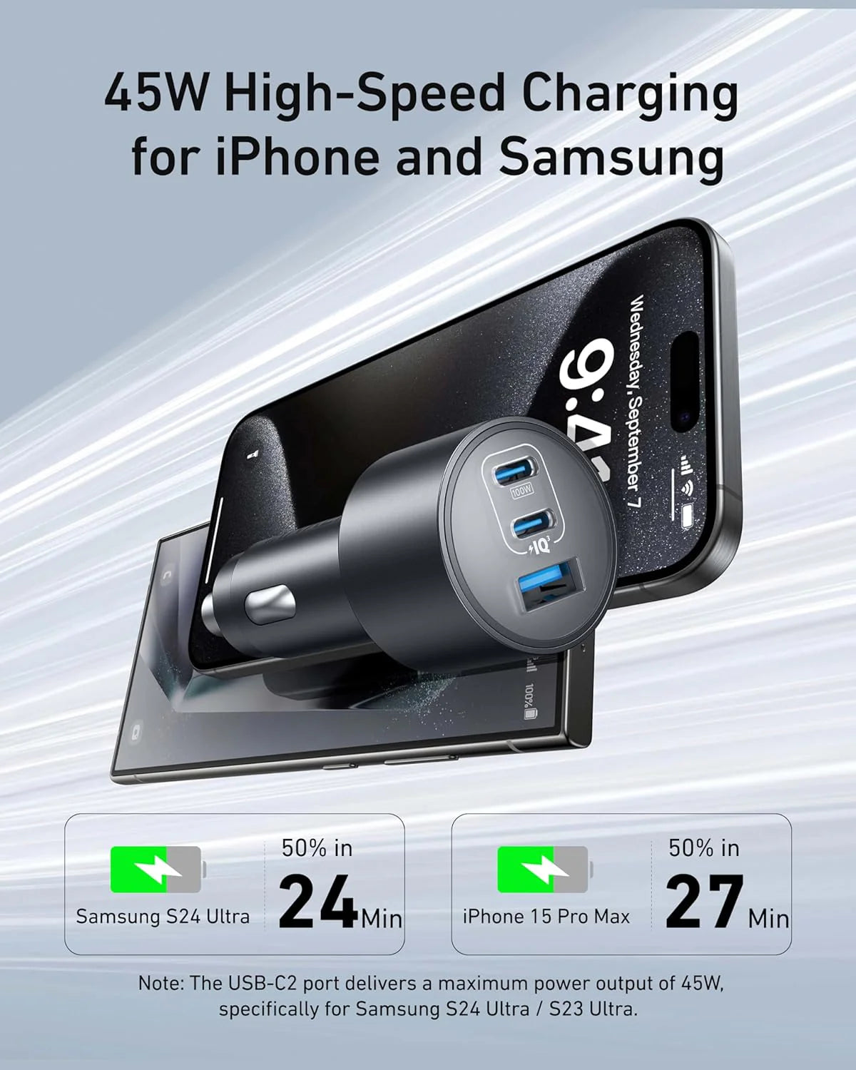 شاحن سيارة أنكر مع 3 منافذ بقدرة 167.5 واط وكابل تايب سي بطول 1 متر - رمادي | Anker Car Charger 3-Ports 67.5W with 1M USB-C Cable - Gray.