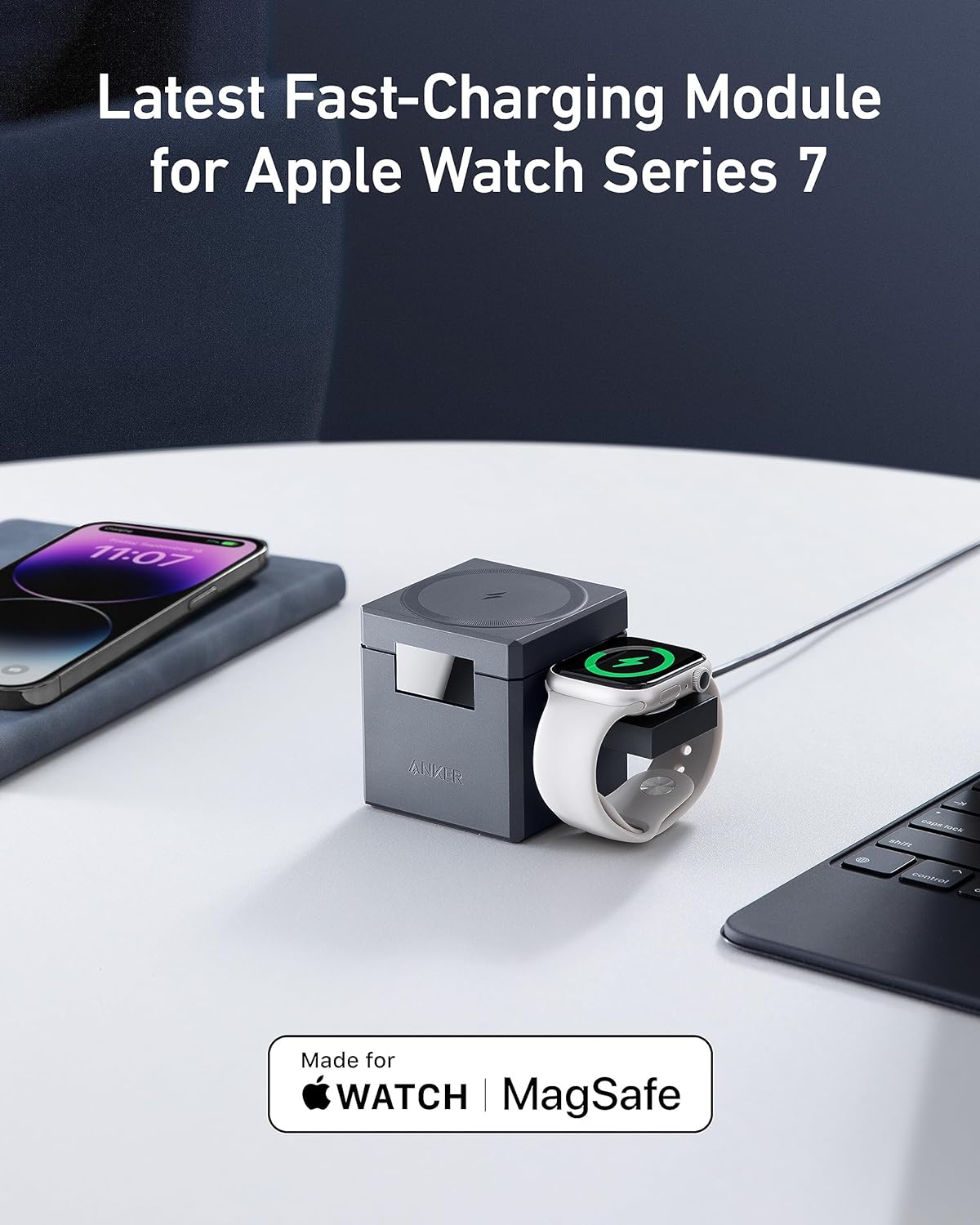Anker 3 in 1 Cube Compatible with MagSafe 15W Fast Charging Foldable Wireless Charge Station for Apple Watch - محطة الشحن اللاسلكية المتوافقة مع ماجسيف 3 في 1 بقدرة 15 واط من أنكر للشحن السريع تتيح شحن الساعة الذكية من آبل