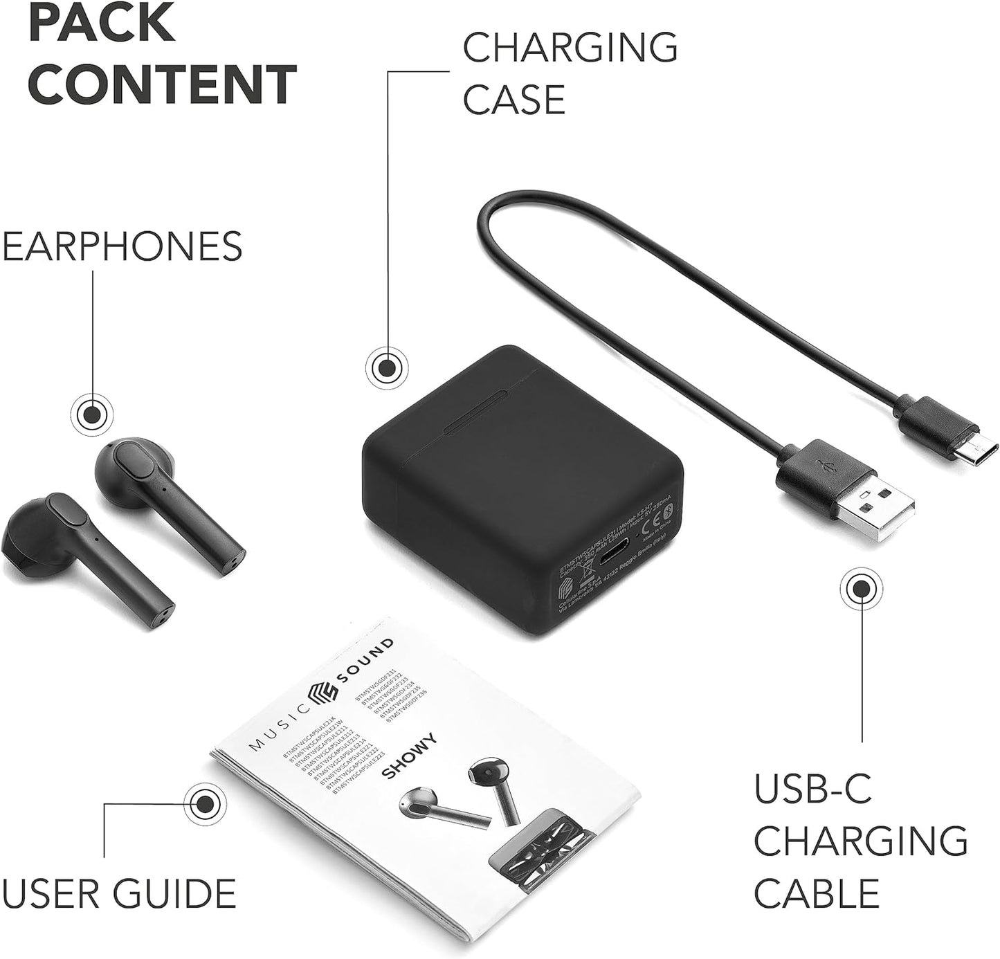 Cellularline Music Sound TWS Capsule Bluetooth Headphones with Charging Case - صوت الموسيقى كبسولة توايس سماعات بلوتوث مع علبة شحن من سليولارلاين