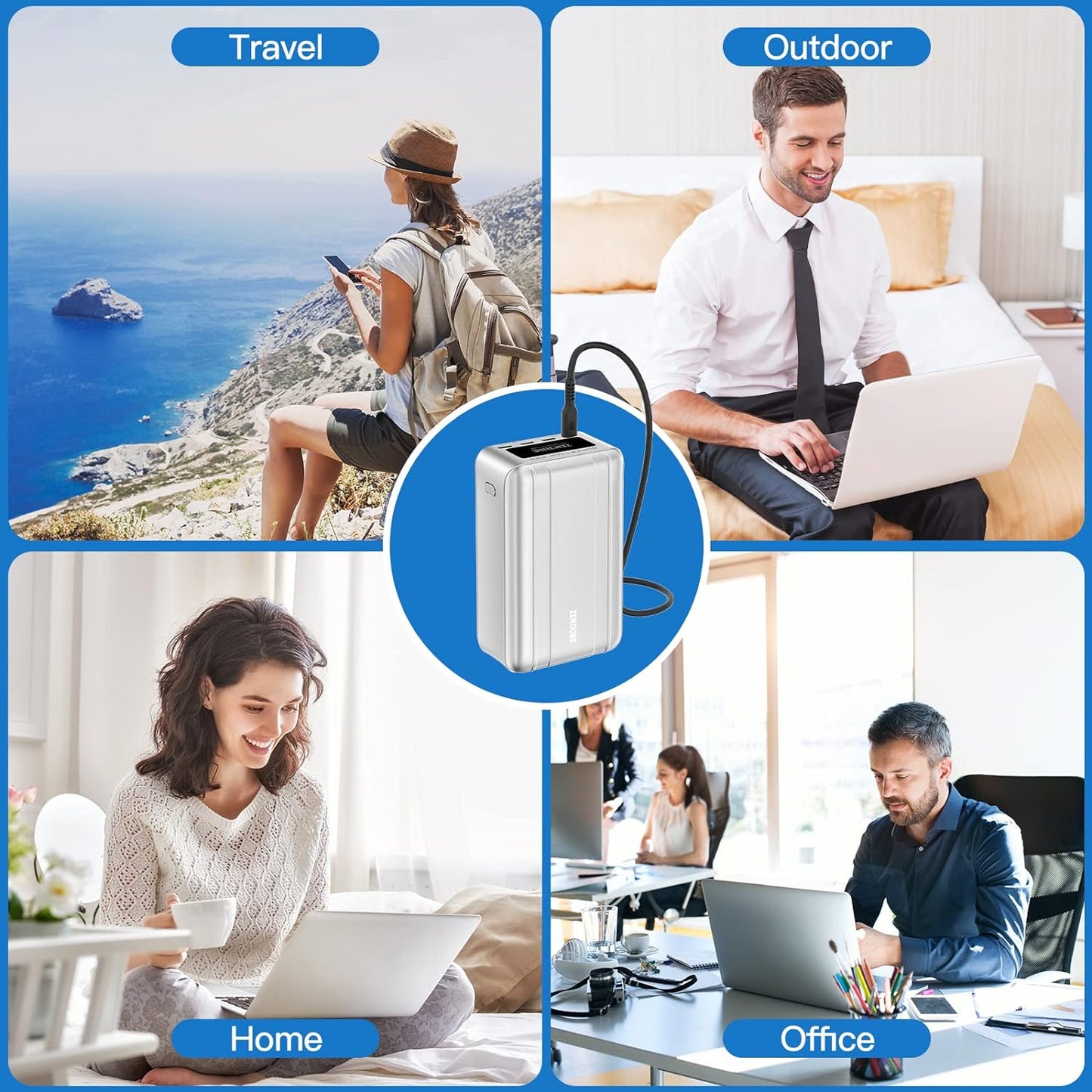 زندور شاحن لاب توب محمول 100 واط بي دي 26800ميلي اكبير مع 4 منافذ تايب سي ، 1 محول يو اس بي أ - Zendure Portable Laptop Charger 100W PD 26800mAh Power Bank with 4 USB-C, 1 USB-A Adapter