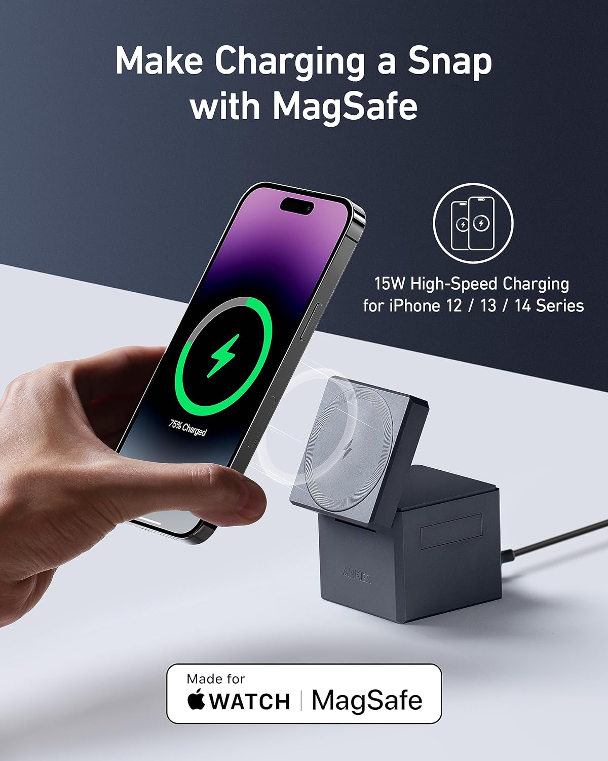Anker 3 in 1 Cube Compatible with MagSafe 15W Fast Charging Foldable Wireless Charge Station for Apple Watch - محطة الشحن اللاسلكية المتوافقة مع ماجسيف 3 في 1 بقدرة 15 واط من أنكر للشحن السريع تتيح شحن الساعة الذكية من آبل