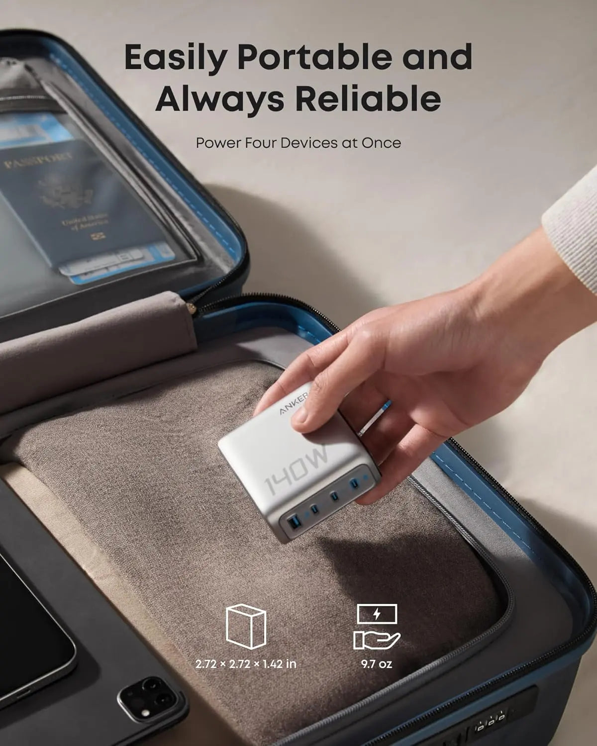 شاحن جداري انكر GaN ب 3 منافذ تايب سي ومنفذ يو اس بي اي وبقدرة شحن 140 واط مع كيبل تايب سي الى تايب سي - فضي | Anker Charger 140W, 4-Port Foldable PD 3.1 USB-C GaN Charger, With C-C Cable - Silver