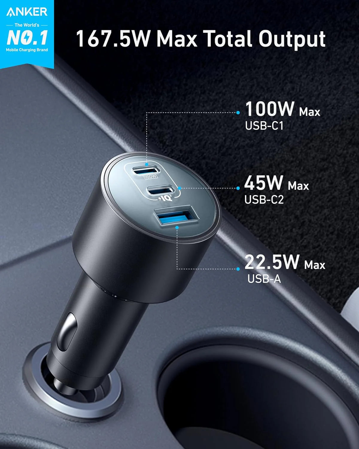 شاحن سيارة أنكر مع 3 منافذ بقدرة 167.5 واط وكابل تايب سي بطول 1 متر - رمادي | Anker Car Charger 3-Ports 67.5W with 1M USB-C Cable - Gray.