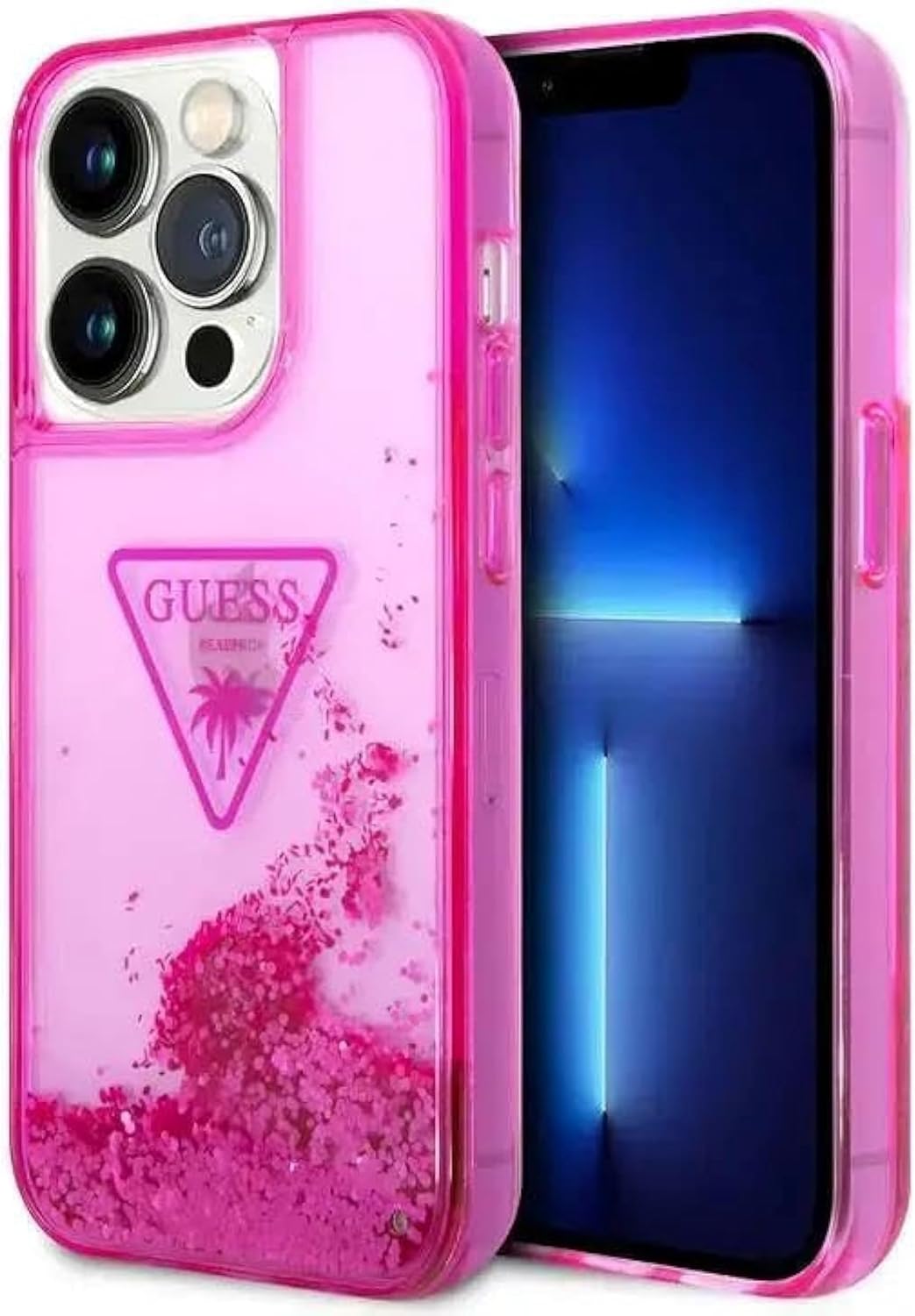 Guess Liquid Glitter Case with Triangle Translucent Logo for iPhone 15 Pro Max | كفر GUESS بلون فوشيا وشعار شفاف مثلثي لهاتف ايفون 15 برو ماكس