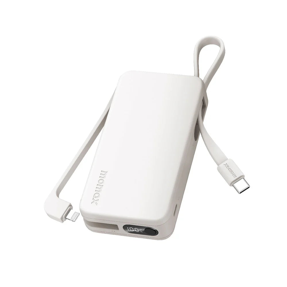 Momax Power Vital+ 10000mAh Battery Pack with Built-in USB-C and Lightning Cables - باور بانك موماكس بور فايتل بلس بسعة 10000 مللي امبير مع كيبل USB-C و لايتتنغ مدمجين يدعمون الشحن السريع