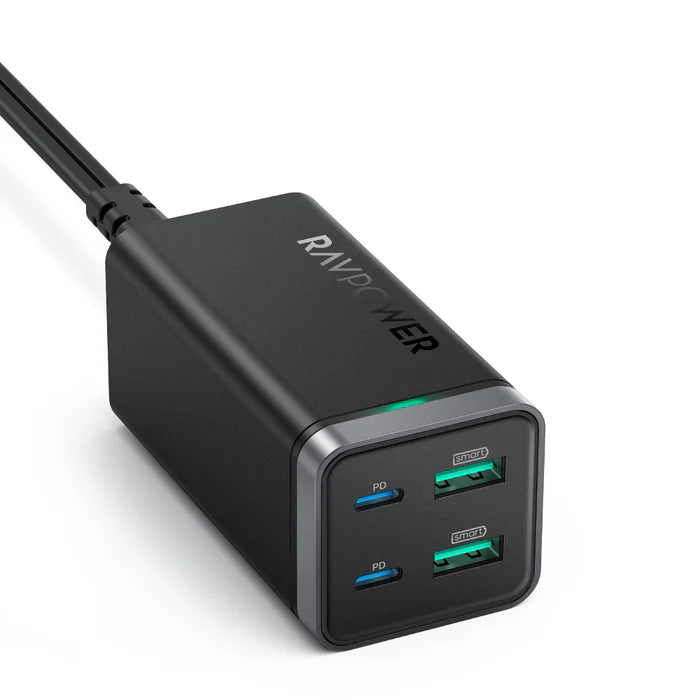 شاحن بقدرة 65 واط مع اربع منافذ 2 تايب سي 2 يو اس بي من راف باور - RAVPower 65W 4 Port GaN Tech USB C Desktop Charger