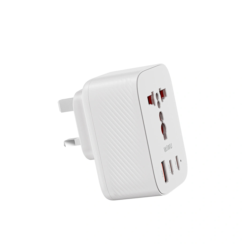 محول سفر ويوو باور كيوب بقدرة شحن 20 واط وبمنفذين تايب سي ومنفذ يو اس بي اي | WiWU 20W Power Cube GaN Travel Adapter 1A+2C+1 Socket – UK