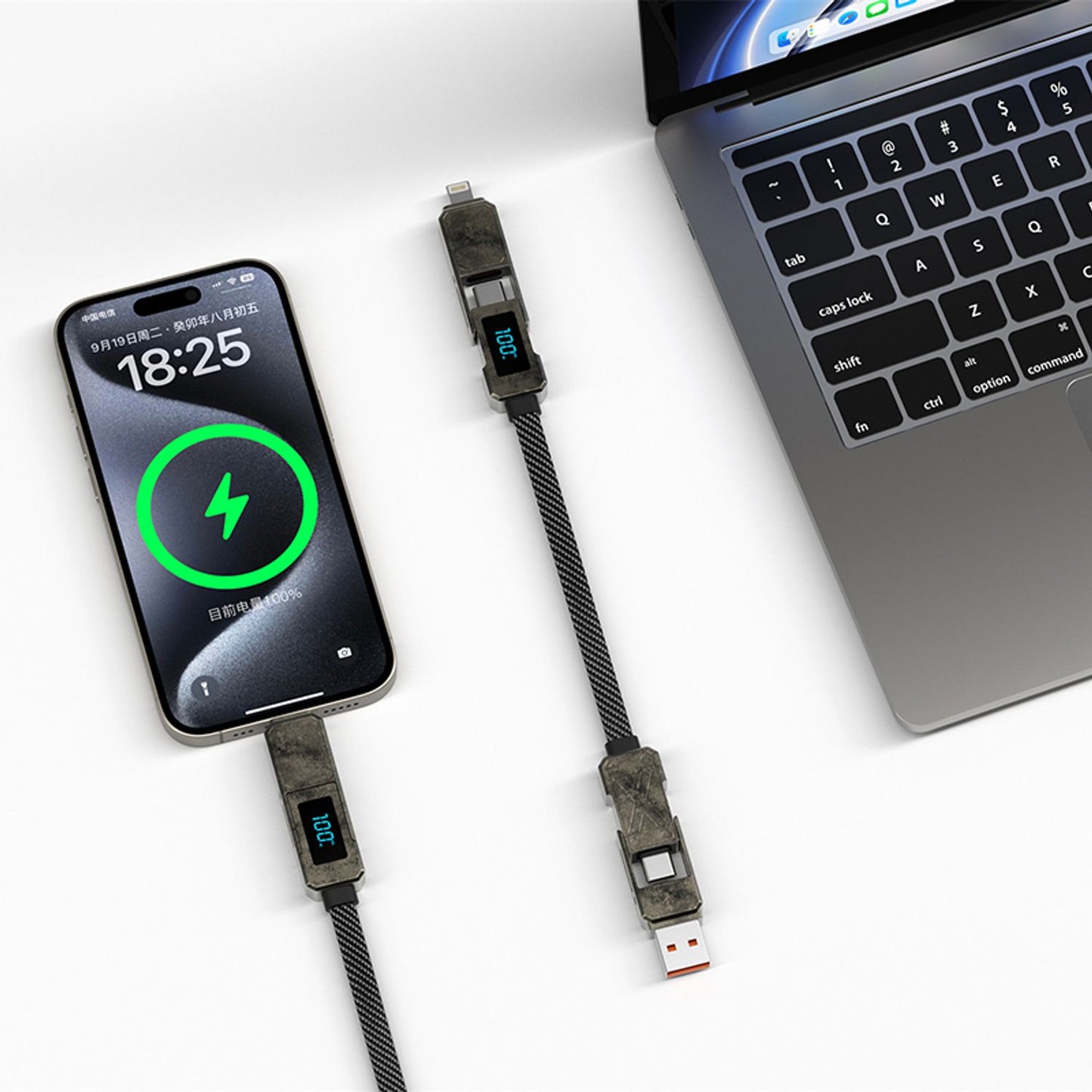 كيبل ويوو 4 في 1, يو اس بي اي - يو اس بي سي الى يو اس بي سي ولايتننغ بقدرة شحن 100 واط وطول 15 سم - رمادي | WiWU X Series Charging Cable A+C to C+L 100W 15cm – Gray