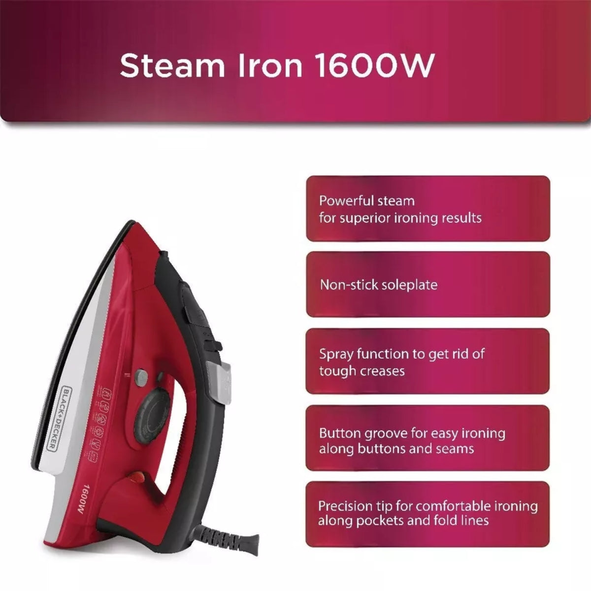مكواة بخار بلاك أند ديكر 1600 واط مع قاعدة سيراميك وخزان 300 مل - Black+Decker Steam iron 1600W 300ml, ceramic coated soleplate
