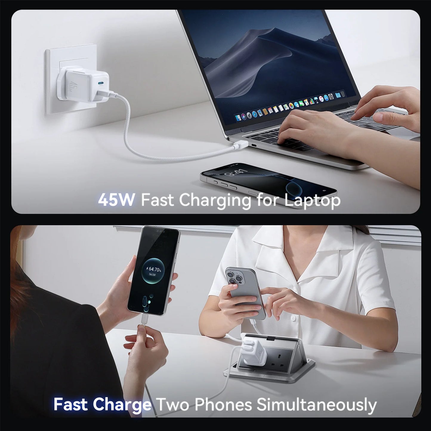 شاحن جداري جويرووم GaN بقدرة شحن 45 واط وخاصية تنظيم الكيبلات - ابيض | JOYROOM JR-TCL05 45W Cable Management GaN Charger UK – White