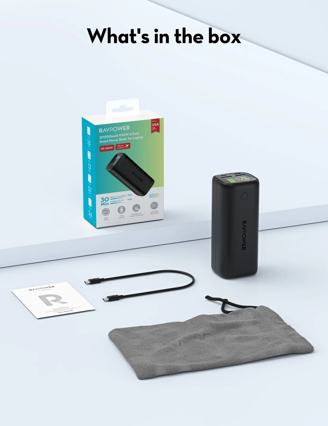 باور بانك راف باور PB208 Ultra بسعة 20,000 مللي امبير وبقدرة شحن 100 واط - اسود | RAVPower PB208 Ultra 20000mAh PD 100W Power Bank - Black