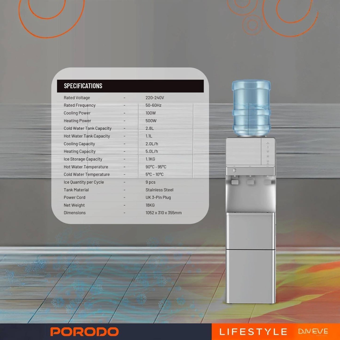 براد مياه مع صانع ثلج من بورودو لايف ستايل - فضي | Porodo Lifestyle Water Dispenser & Ice Maker – Silver