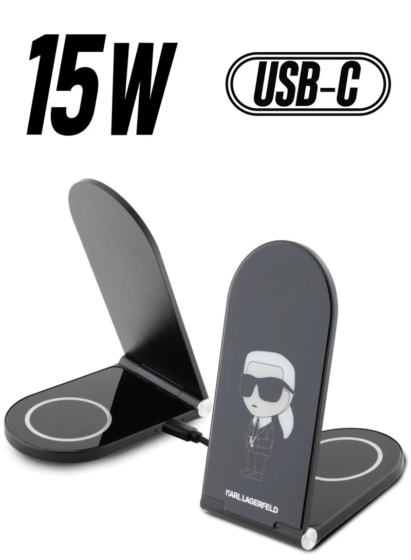 Karl Lagerfeld 15W Magnetic Desk Charger with Iconic Logo – Black | شاحن مكتب مغناطيسي 15 واط من كارل لاغرفيلد بتصميم شعار ايقوني - اسود