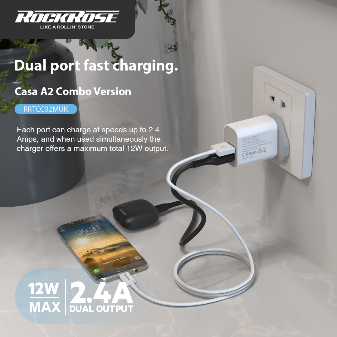 RockRose RRTCC02MUK Casa A2 Combo Dual Port 12W Max Power Adapter With UK Plug and Cable Charge & Sync Cable - روك روز كاسا اي 2 كومبو محول طاقة ثنائي المنافذ 12 واط ماكس كابل شحن ومزامنة