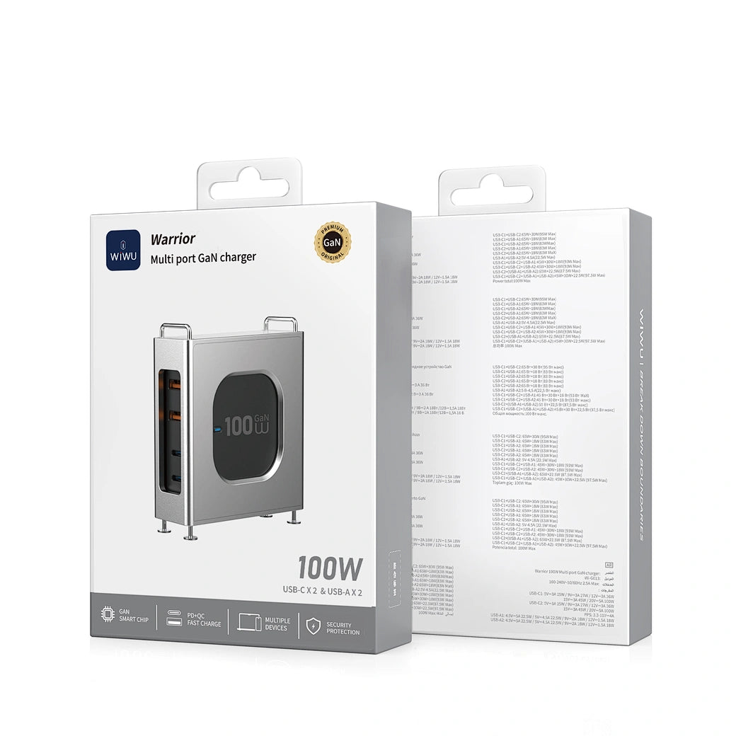 شاحن ويوو GaN متعدد المنافذ بقدرة شحن 100 واط | WiWU Wi-G013 100W Warrior Multi-port GaN Charger 2C2A