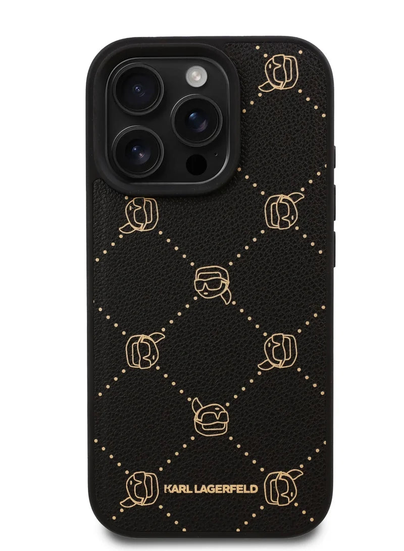 Karl Lagerfeld PU Hard Case with Karl Head for iPhone 16 Pro Max – Black | كفر كارل لاغرفيلد جلدي فاخر بشعار رأس كارل لايفون 16 برو ماكس - اسود