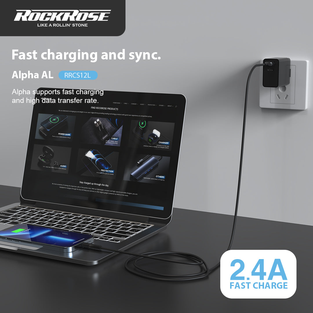 RockRose Alpha AL 1M Lightning To USB Fast Charge & Sync Cable - روك روز ألفا أي أل كابل للشحن السريع المزامنة بطول 1 متر يو اس بي الى لايتنينج