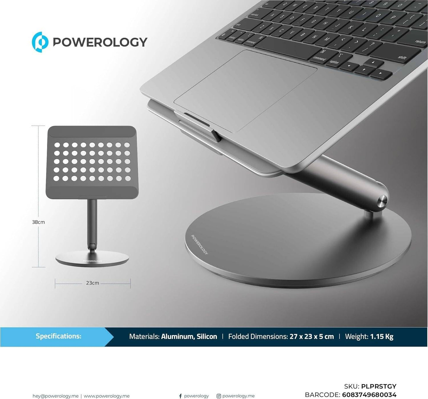 باورولوجي حامل مكتبي دوار لاجهزة اللابتوب, دعم الاجهزة حتى 16 بوصة - رمادي غامق | Powerology Rotatable Aluminum Desktop Stand for Laptop 16" - Dark Grey