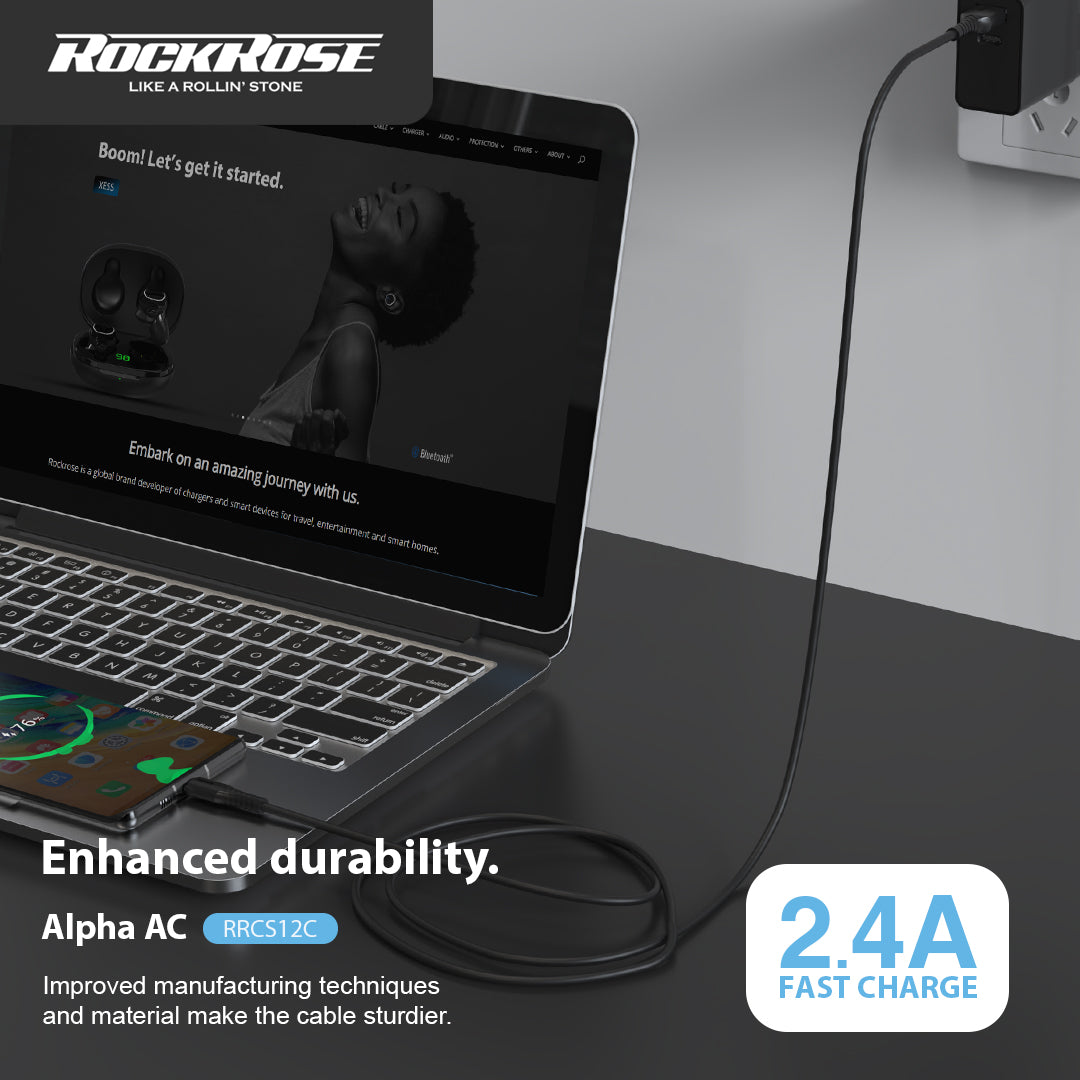 روك روز ألفا أي سي كابل للشحن السريع و المزامنة بطول 1 متر يو اس بي الى يو اس بي سي - RockRose Alpha AC 1M USB To USB-C Fast Charge & Sync Cable