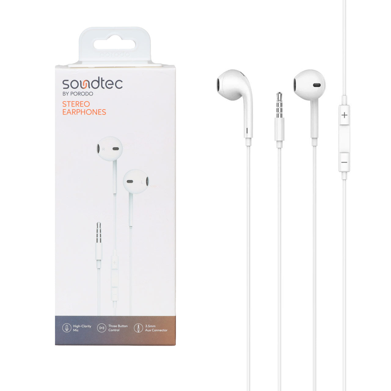 سماعات ستيريو بورودو ساوندتيك بمنفذ 3.5mm مع مايك عالي النقاء وازرار تحكم - ابيض | Porodo Soundtec Stereo Earphones 3.5mm with High-Clarity Mic & 3-Button Control – White