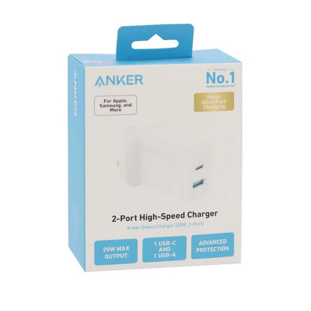 Anker 312 Fast Charger 20W – Dual Port USB-C & USB-A Charger - شاحن انكر 312 يدعم شحن سريع 20 واط, بمنفذين USB-C و USB-A