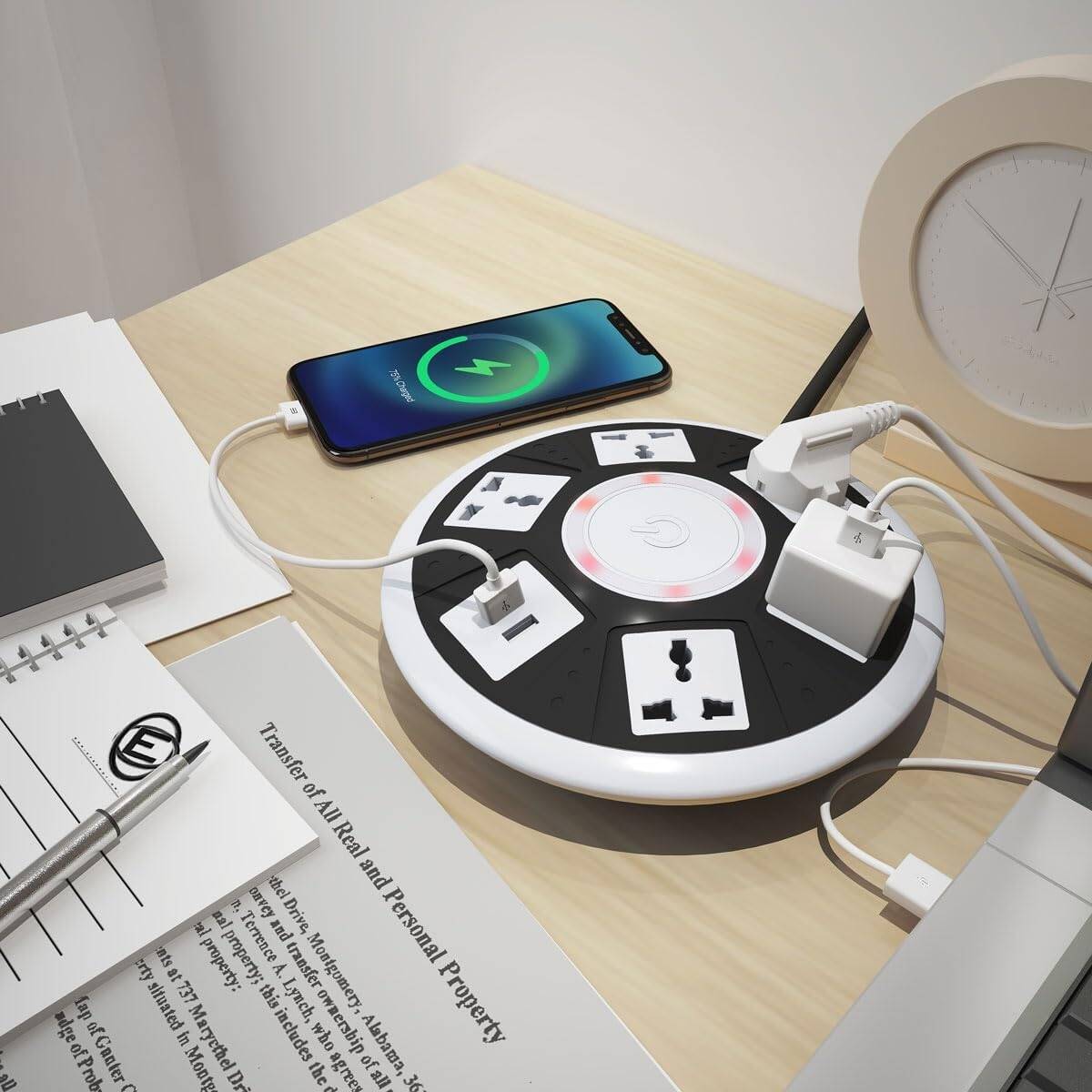 منفذ طاقة جرين لايون 7 في 1 مع 5 منافذ AC ومنفذي يو اس بي اي - ابيض | Green Lion 7 in 1 Power Socket 5AC Universal Outlet + 2USB - White