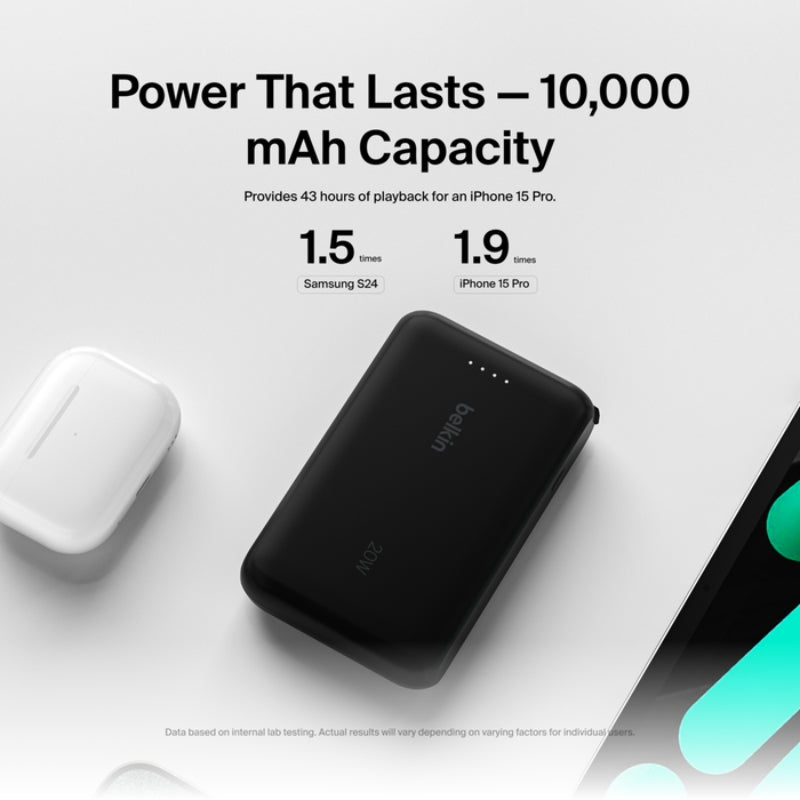 Belkin 10K Power Bank with Integrated USB-C Cable - باور بانك بسعة 10الاف ميلي أمبير مع كيبل تايب سي