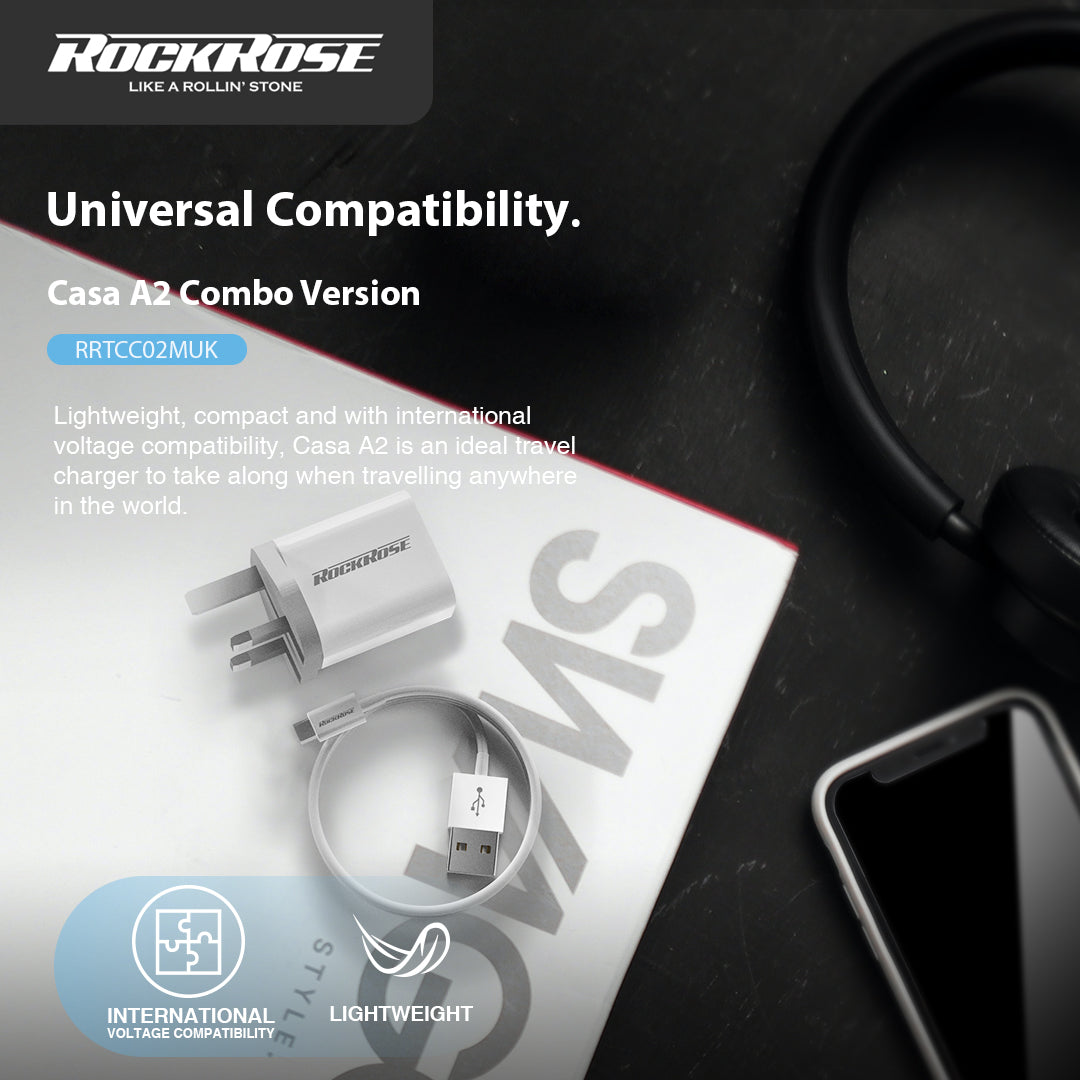 RockRose RRTCC02MUK Casa A2 Combo Dual Port 12W Max Power Adapter With UK Plug and Cable Charge & Sync Cable - روك روز كاسا اي 2 كومبو محول طاقة ثنائي المنافذ 12 واط ماكس كابل شحن ومزامنة