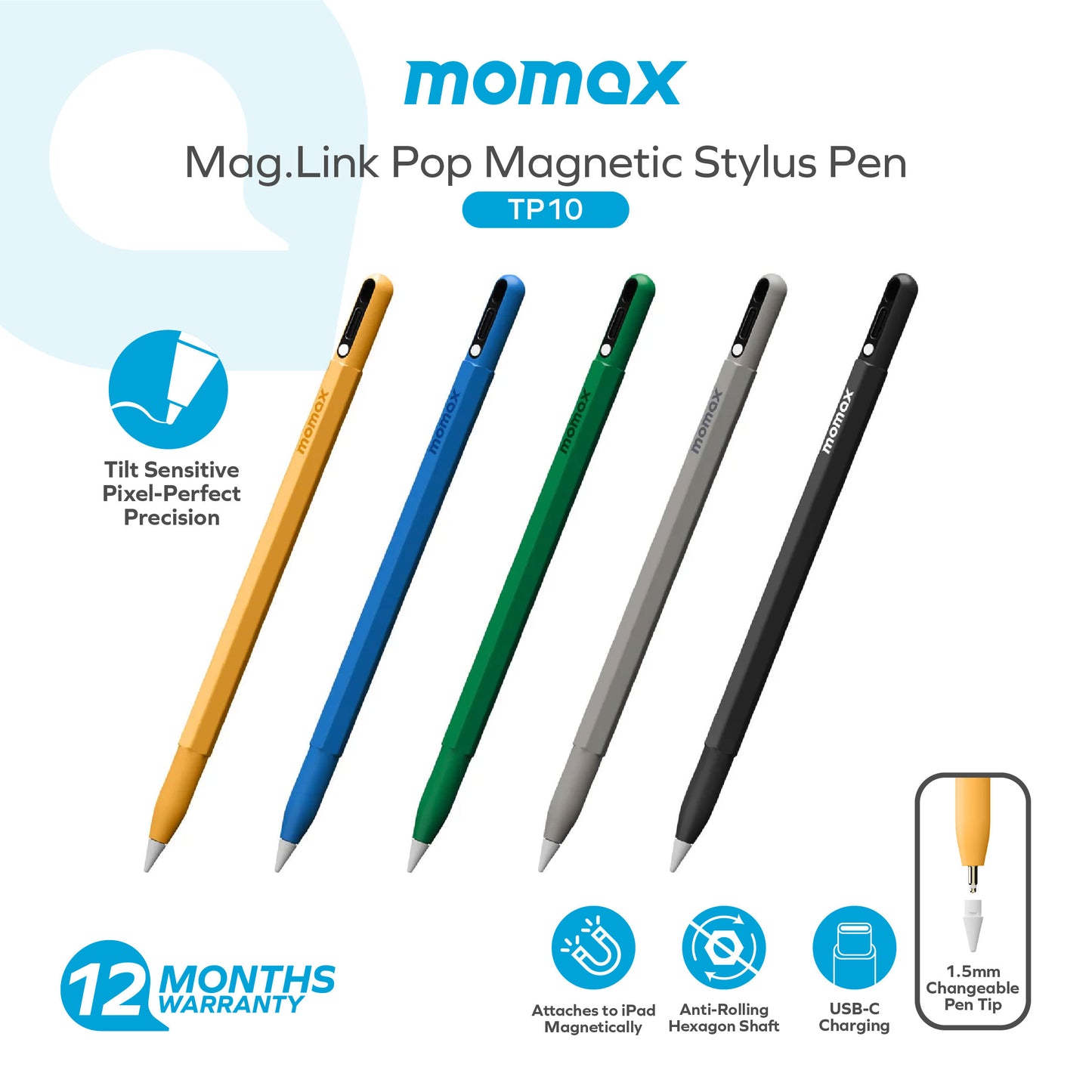 Momax Mag.Link Pop Magnetic Active Stylus Pen Blue TP10 - قلم موماكس ماج لنك بوب النشط, قلم الكتروني مغناطيسي دقيق للرسم والكتابة