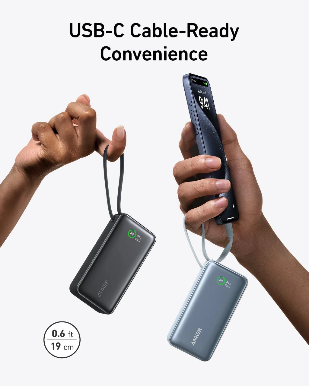 Anker Nano Power Bank 30W Built-In USB-C Cable - باور بانك من انكر بقوة 30 واط مع كابل يو اس بي سي مدمج
