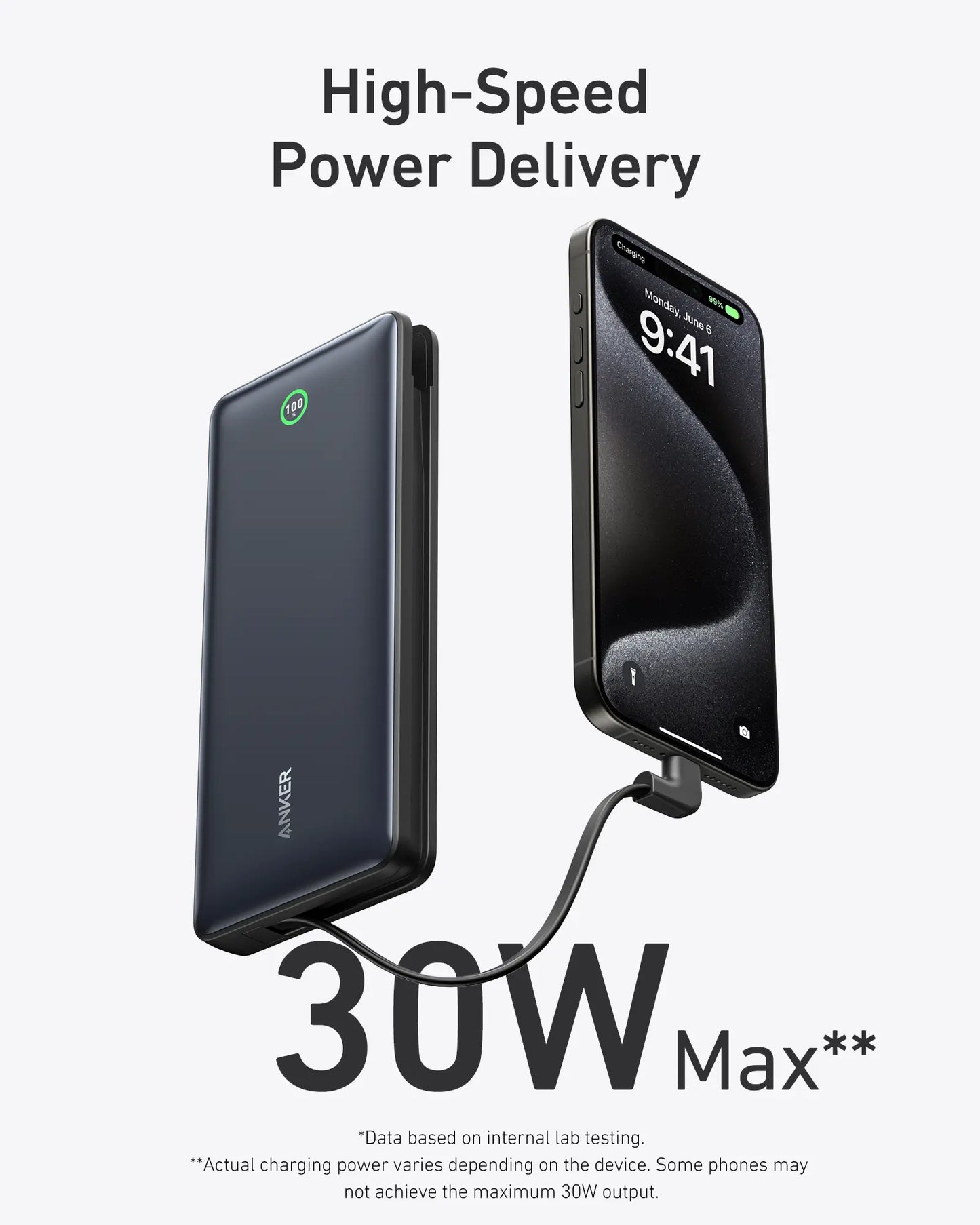 باور بانك انكر نانو بقدرة شحن 30 واط وسعة 20,000 مللي أمبير مع كيبل تايب سي مدمج | Anker Nano Power Bank 20K 30W Built-In USB-C Cable - Black
