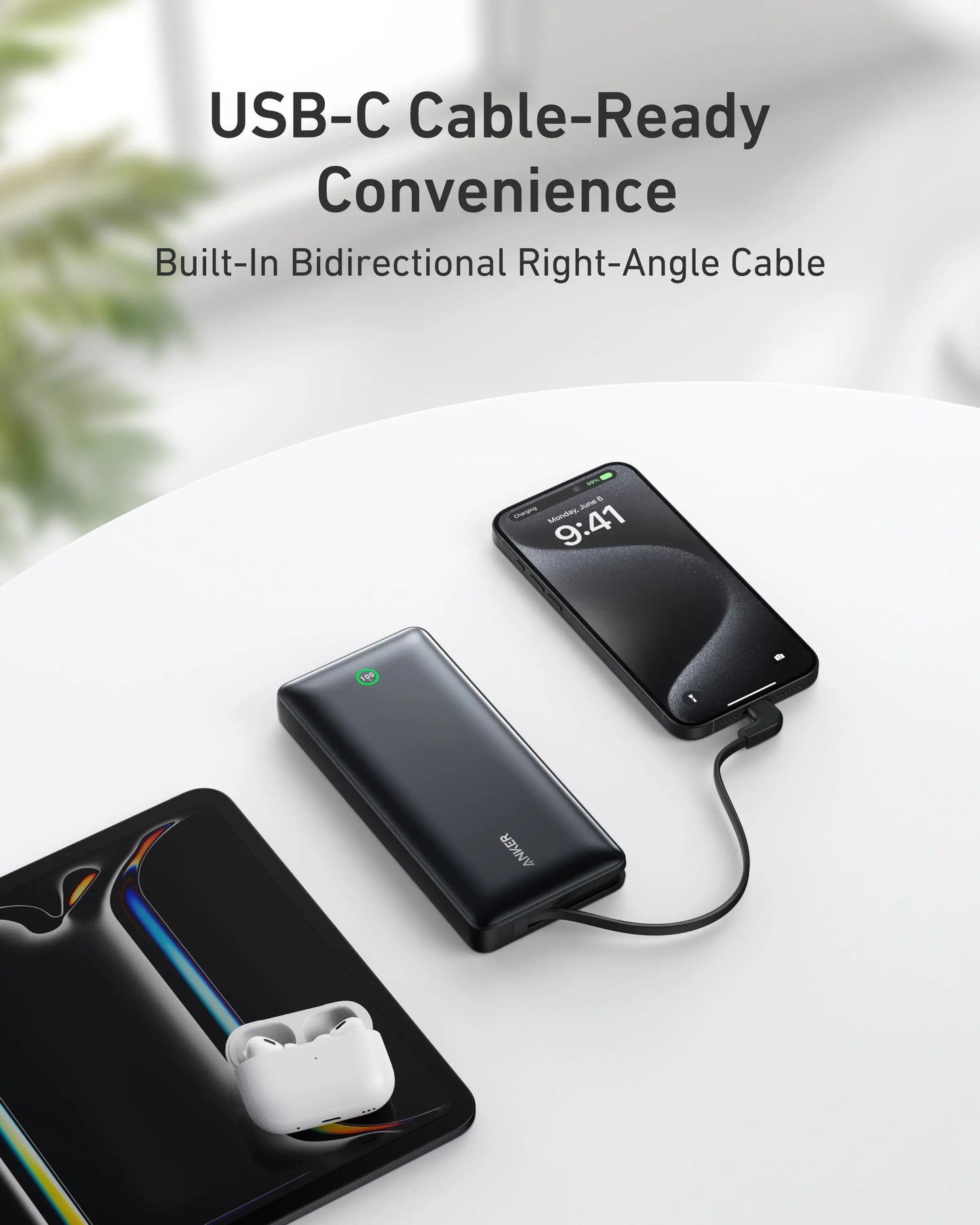 باور بانك انكر نانو بقدرة شحن 30 واط وسعة 20,000 مللي أمبير مع كيبل تايب سي مدمج | Anker Nano Power Bank 20K 30W Built-In USB-C Cable - Black