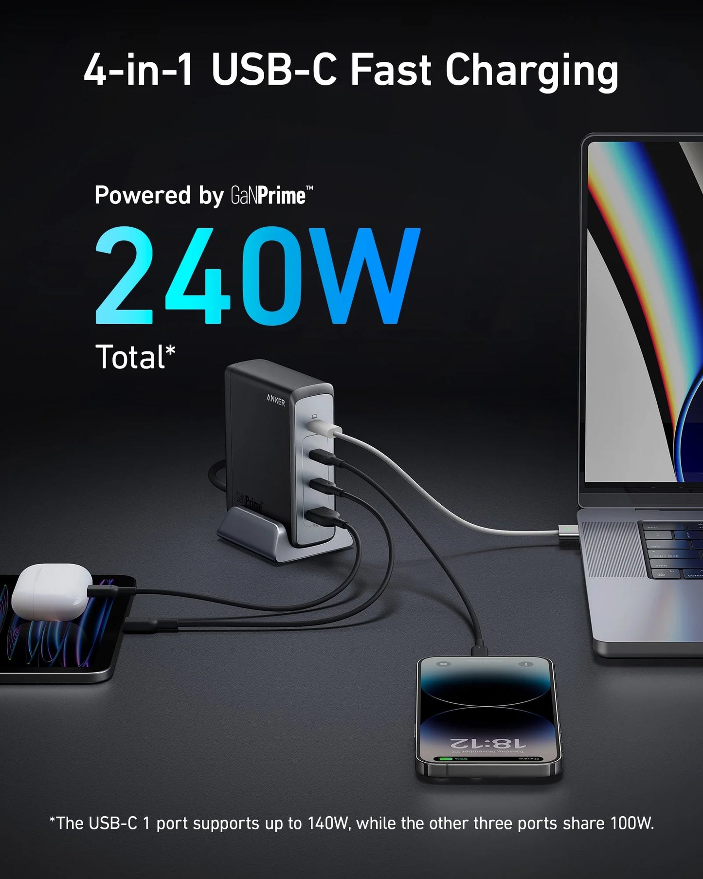 Anker Prime 240W GaN Desktop Charger 4 Ports - شاحن سطح المكتب من أنكر برايم 240 واط جالون 4 منافذ