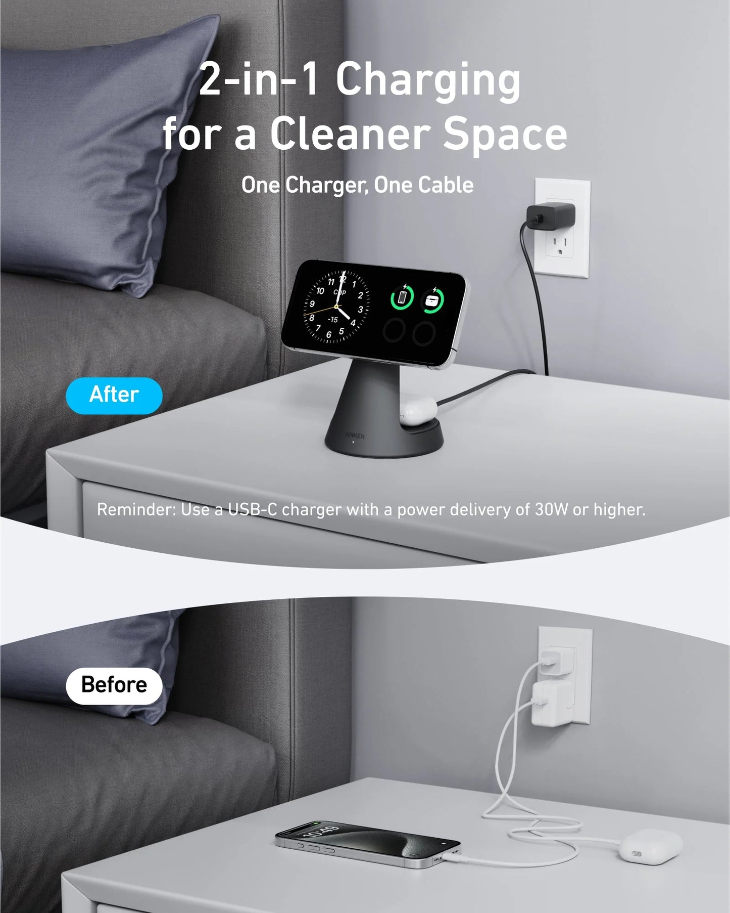 شاحن انكر ماج جو اللاسلكي 2 في 1, قاعدة شحن مغناطيسية بقدرة 15 واط للايفون | Anker MagGo Wireless Charger (2-in-1 Dock Stand), 15W Qi2 Fast Wireless Charging For iPhone