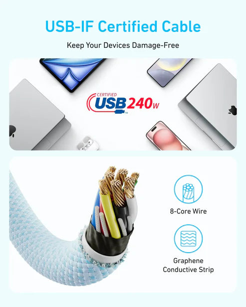 كيبل أنكر زولو مضفر يو اس بي سي الى يو اس بي سي بقدرة 240 واط وطول 1 متر | Anker Zolo USB-C to USB-C Cable 1m 240W Braided