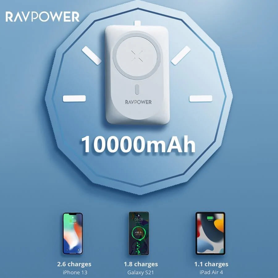 باور بانك باك سيف بسعة 10الف ملي امبير بقدرة 20 واط- RAVPOWER 10000mAh Magsafe Magnetic Wireless Power Bank