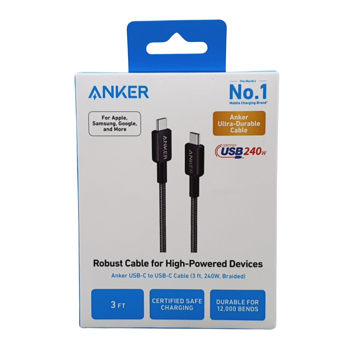كيبل انكر USB-C الى USB-C بطول 1م, قدرة شحن 240 واط, مضفر | Anker USB-C to USB-C Cable 3 ft | 240W Braided Fast Charging Cable