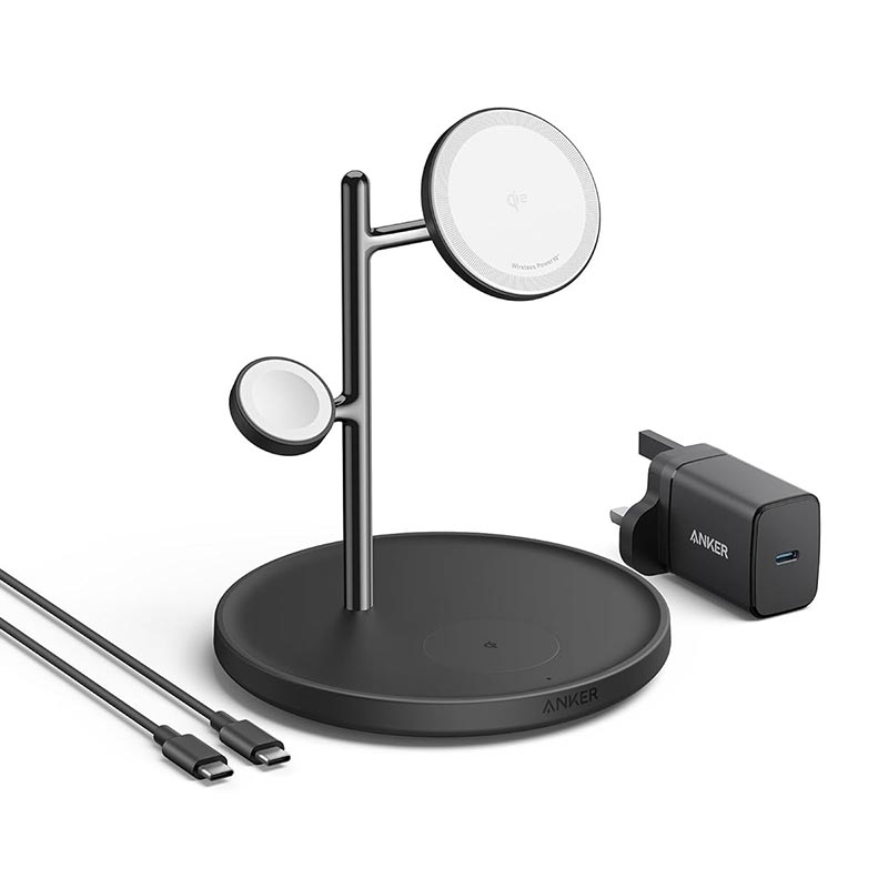 حامل شحن لاسلكي انكر ماج جو 3 في 1, بقدرة 15 واط, معتمد QI2 لشحن الايفون | Anker MagGo 15W 3-in-1 Charging Stand, Qi2 Certified Wireless Charger for iPhone