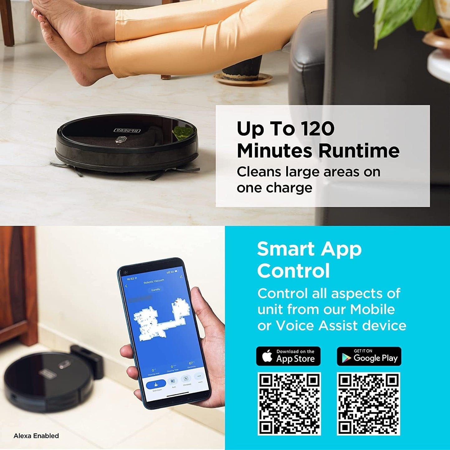 Black+Decker Robotic Vacuum Cleaner and Mop, Support Alexa, 2150Pa Strong Suction Power -مكنسة روبوتية وممسحة بلاك اند ديكر مع دعم الأليكسا، قوة شفط 2150 باسكال