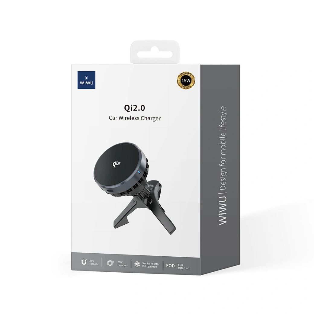 شاحن سيارة ويوو Qi2.0 لاسلكي مغناطيسي بقدرة شحن 15 واط | WiWU CH-319 Qi2.0 Car Wireless Charger – 15W Magnetic Cooling Car Mount