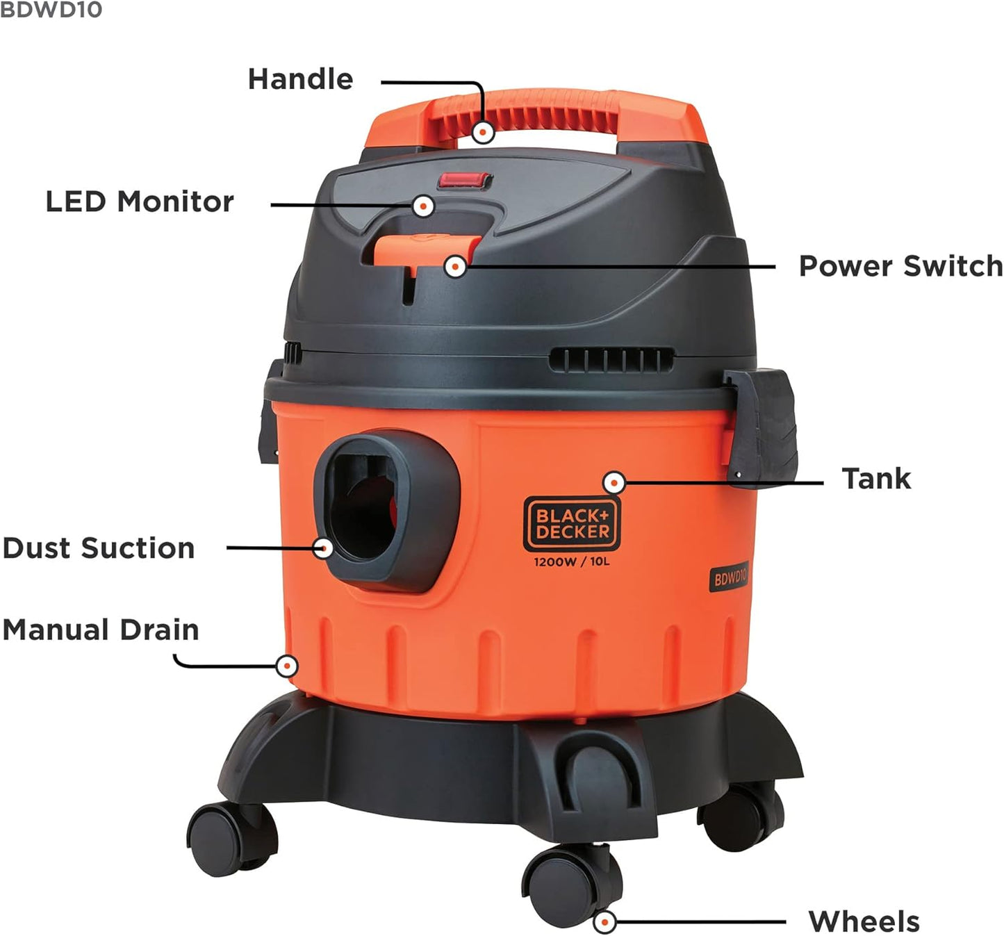 Black+Decker 1200W 10L Wet & Dry Tank Cylinder Vacuum Cleaner -مكنسة أسطوانية بلاك آند ديكر 1200 واط بسعة 10 لتر