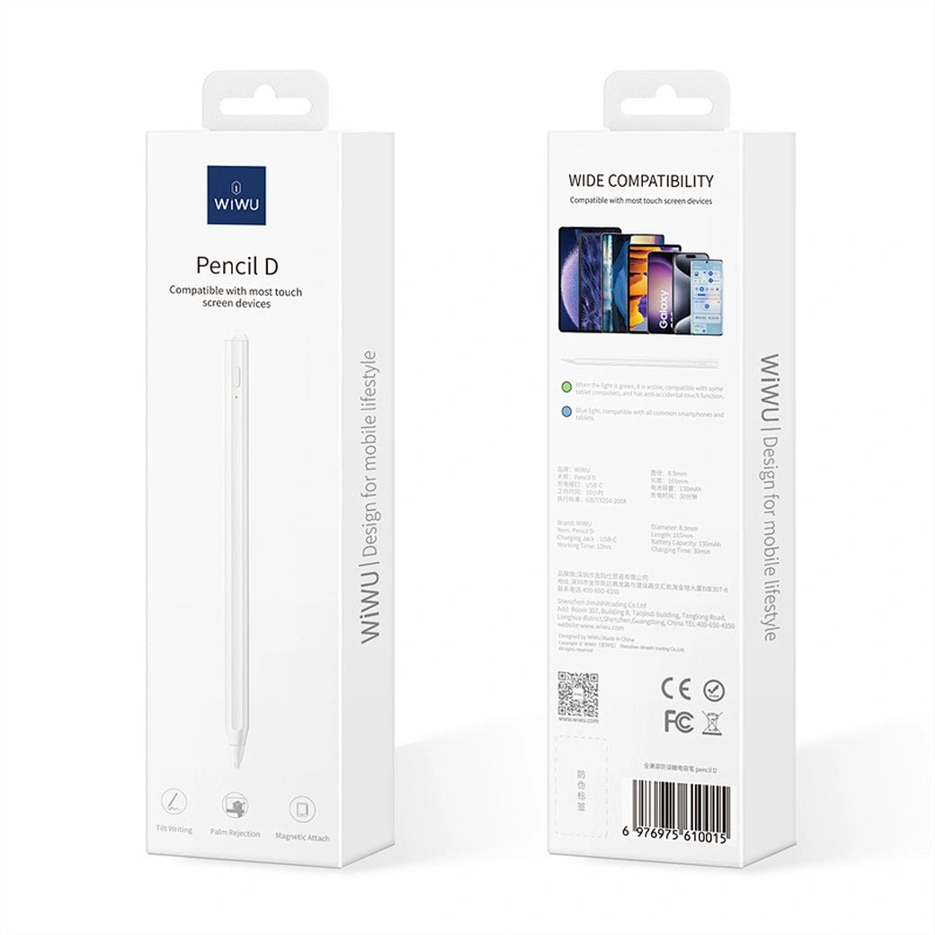 قلم ويوو 2 في 1 ستايلس للتابلت مع لمس بالضغط - ابيض | WiWU 2 in 1 Pencil D Smart Pressure Touch Stylus Pencil Pen - White